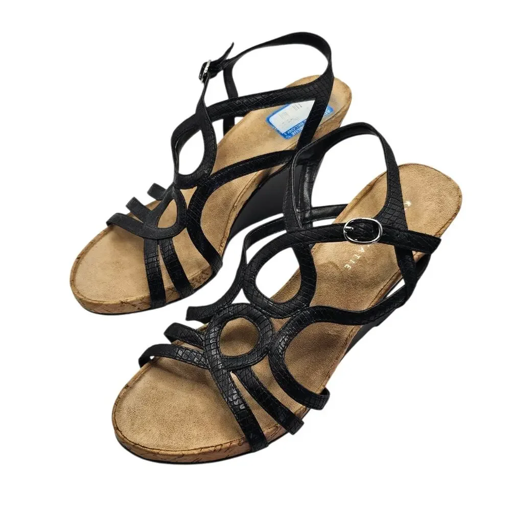 Kelly & Katie Black Plushin Strappy Cork Preppy Comfort Wedge Sandal